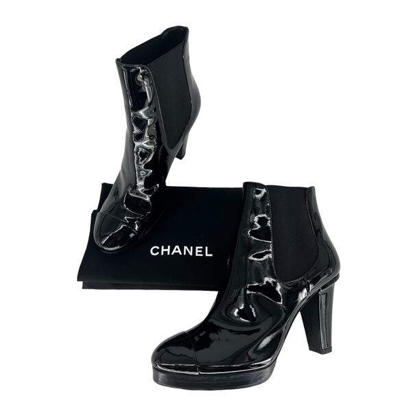 Chanel 2022 Patent Leather Chelsea Cap Toe Ankle Boots - Picture 5 of 16